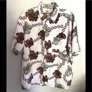 EXTREME GEAR mens vintage hibiscus flower Hawaiian aloha shirt gray/brown- large